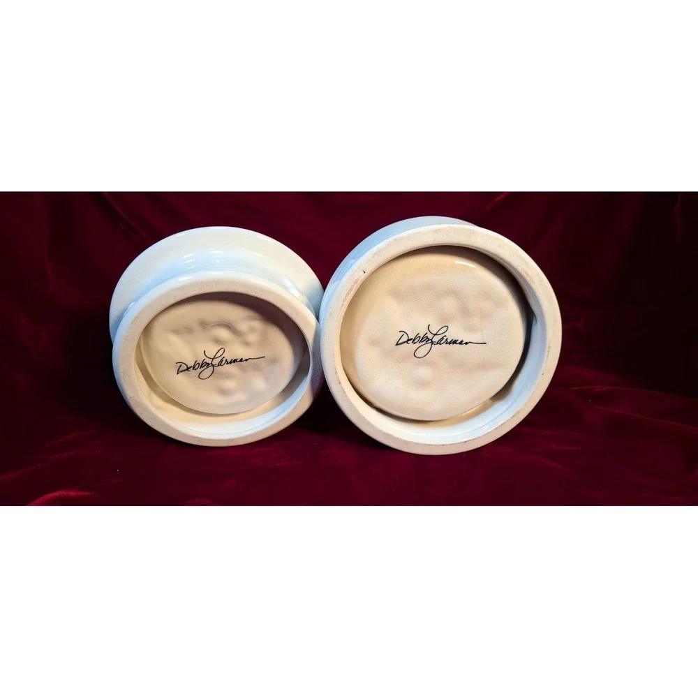 Debby Carman White Ceramic Pet Bowl Set Bow Wow Embossed Bone Design 2pc Signed